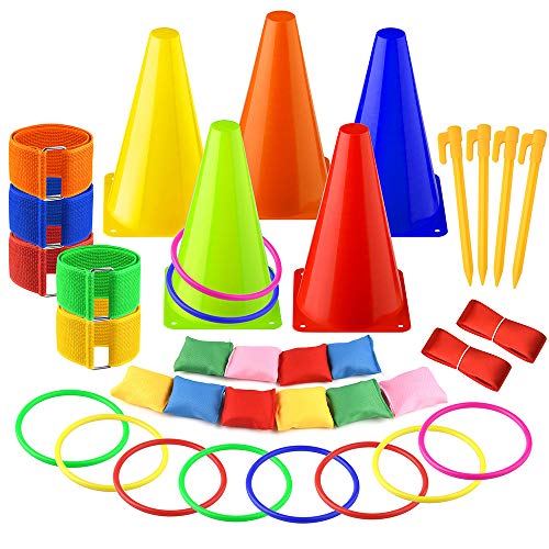 FEPITO Juego Combinado de Juegos al Aire Libre de Pascua 6 en 1 Carnival Cornhole Bean Bags Ring Toss Game Supplies 36 Pcs Set