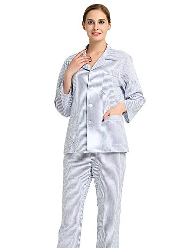 Feynman Pijama de algodón transpirable para pacientes con cirugía, pacientes con postoperación/pacientes/personas mayores, mujer azul M