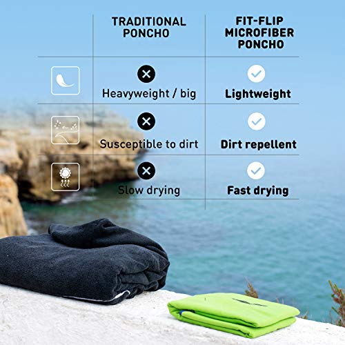 Fit-Flip Poncho de Surf – Ligero y Compacto – Toalla de Poncho para Adultos – Poncho Playa, Poncho de Microfibra para Hombres y Mujeres – Albornoz Natacion – Color: Verde-Azul Oscuro, Tamaño: M