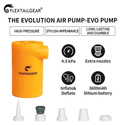 FLEXTAILGEAR EVO Bomba de Aire Eléctrica con Batería Recargable de 3800mAh Mini Bomba de Aire Portátil para Colchones de 4.5 KPa de Alta Presión para Barcos, Piscinas, Colchones de Cama, Inflador