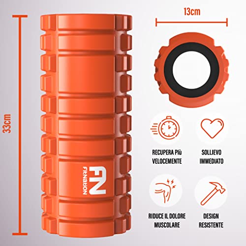 Foam Roller - Rodillo de espuma para masaje muscular (Libro de ejercicios incluido) diseño de rejilla para accionar la terapia de puntos para el dolor de espalda y los músculos de las piernas - 33 x 14 cm