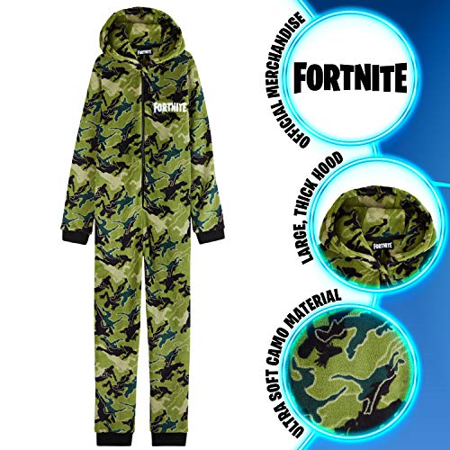 Fortnite Pijama Niño Entero con Capucha, Pijama Mono de Forro Polar, Pijamas Niños Diseño Gamer, Regalos para Niños y Adolescentes 7-14 Años (Camo Verde, 9-10 años, 9_Years)