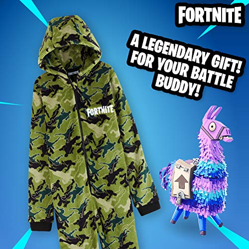 Fortnite Pijama Niño Entero con Capucha, Pijama Mono de Forro Polar, Pijamas Niños Diseño Gamer, Regalos para Niños y Adolescentes 7-14 Años (Camo Verde, 9-10 años, 9_Years)