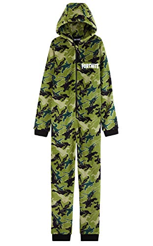 Fortnite Pijama Niño Entero con Capucha, Pijama Mono de Forro Polar, Pijamas Niños Diseño Gamer, Regalos para Niños y Adolescentes 7-14 Años (Camo Verde, 9-10 años, 9_Years)