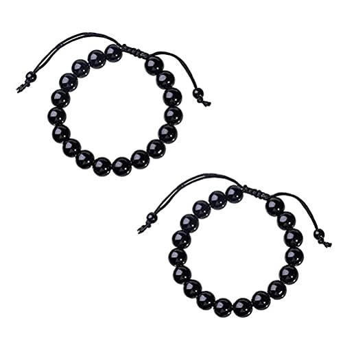 FSDELIV 2 Piezas de Pulsera de obsidiana Negra Natural, Pulsera de Piedra Unisex, Pulsera de Chakra de ansiedad para mamá Pulsera de Piedras Preciosas