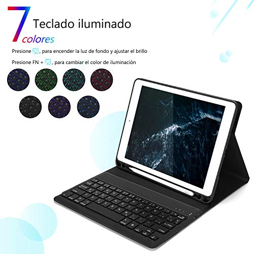 Funda con Teclado para iPad Air/iPad Air2 iPad Pro 9.7” iPad Pro 9.7” 2017 iPad Pro 2018(6ª Generación), Teclado Bluetooth retroiluminado de 7 Colores Desmontable,Español Ñ,Negro