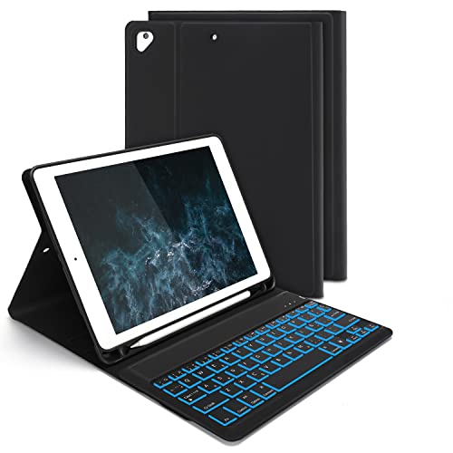 Funda con Teclado para iPad Air/iPad Air2 iPad Pro 9.7” iPad Pro 9.7” 2017 iPad Pro 2018(6ª Generación), Teclado Bluetooth retroiluminado de 7 Colores Desmontable,Español Ñ,Negro