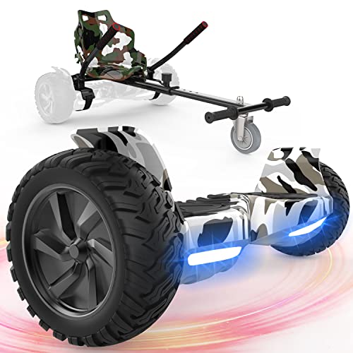 FUNDOT Hoverboards con Asiento, Hoverboards Todoterreno con Hoverkart, Patinete Eléctrico Autoequilibrado de 8.5 Pulgadas, Kart, Hoverboards Todoterreno con Altavoz Bluetooth,App,LED