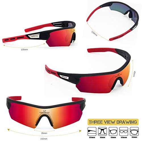 Gafas Ciclismo Polarizadas con 5 Lentes Intercambiables Gafas de Sol Deportivas Antivaho Antireflejo Anti Viento y UV Adaptadas a Deporte Carrera Running Bicicleta MTB para Hombre y Mujer (Rojo)