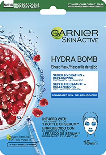 Garnier Skin Active Hydra Bomb, Tissu Mask Revitalizante, Mascarilla facial de Tejido con Granada y Ácido Hialurónico para Pieles Deshidratadas, Reduce Arrugas y Potencia la Luminosidad, 5 Unidades