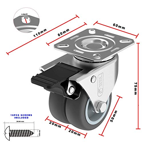 GBL - 4 Ruedas para Muebles + Tornillos 400KG | 50mm Ruedas Giratorias, Rueda Pivotantes, Ruedas de Freno Industrial Con Placa de Montaje