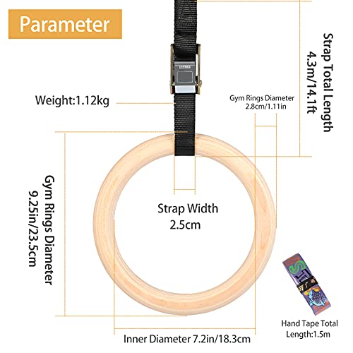 Gelrova Anillas de Gimnasia, Anillos de Gimnasia de Madera con Ajustable Correas Hebillas de Largo para el Hogar de Gimnasio y Fitness Entrenamiento de Fuerza