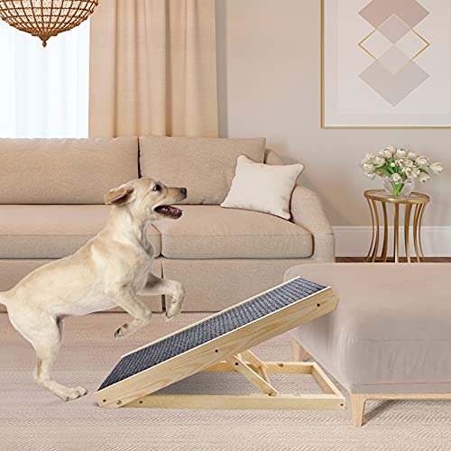 GJCrafts 2 en 1 Rampa para Perros y Gatos Rampa Plegable Madera Maciza Altura Ajustable con Alfombra Antideslizante Escalera de Seguridad para Mascotas para Autos, Sofá, Cama, Carga de hasta 110 lb