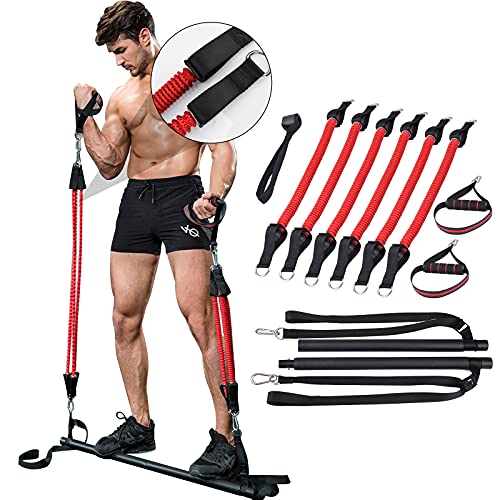 GJCrafts Kit de Barra de Pilates con 6 Banda de Resistencia elásticas Anti-Rotura Mejoradao, Resistencia hasta 210 Libras Gimnasio Multifuncional Portátil para el Hogar, Ejercicio de Pilates Stick.