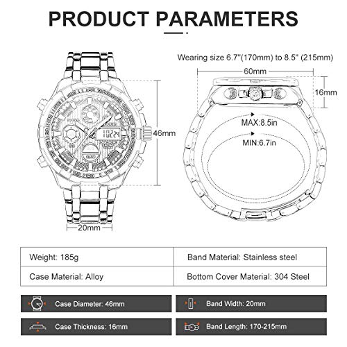 Golden Hour Reloj de Pulsera analógico Digital de Acero Inoxidable para Hombres y Hombres al Aire Libre, Resistente al Agua, Gran Reloj de Pulsera