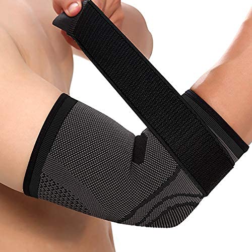 Goosom Mangas de Compresión del Codo, Correa Ajustable Mágico, Manga de Apoyo del Codo, Codera con Correa para tendinitis,para Golfista, Tenis, Levantamiento de Pesas, Unisex E07 Gris L (1 Unidad)