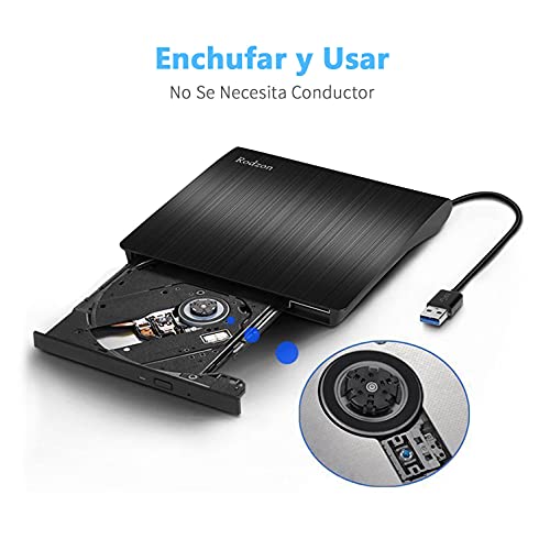 Grabadora CD / DVD Externa Usb 3.0, Rodzon Unidades de DVD Externa Portátil CD / DVD /-RW / ROM Estable con Lector / Quemador / Re - Quemador para Win 10 / 8 / 7 / XP / Vista / Linux / Mac OS