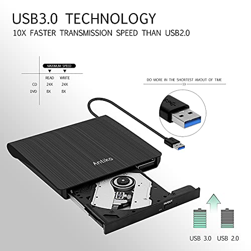 Grabadora de DVD/CD Externa USB 3.0 Portátil Diseño Ultra Delgado,Antika Lector de DVD/CD con Capacidad de Corrección de Errores, Compatible con WIN98/XP/WIN7/WIN8/WIN10/XP/Mac OS 8.6 o LT801