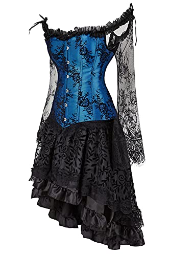 Grebrafan Steampunk Corset Mujer y Falda Conjunto Corsé de Encaje Fiesta (EUR(46-48) 5XL, Azul)