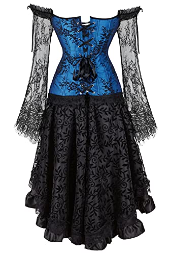 Grebrafan Steampunk Corset Mujer y Falda Conjunto Corsé de Encaje Fiesta (EUR(46-48) 5XL, Azul)