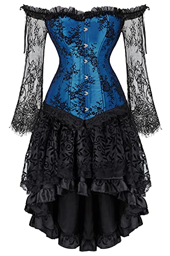 Grebrafan Steampunk Corset Mujer y Falda Conjunto Corsé de Encaje Fiesta (EUR(46-48) 5XL, Azul)