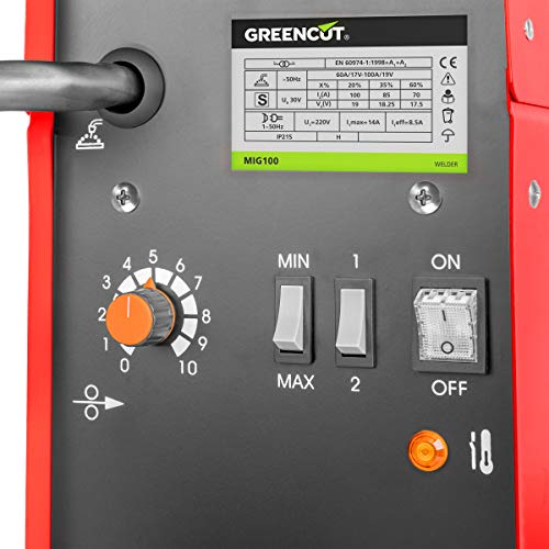 GREENCUT MIG100 - Soldador inverter electrico MIG hilo continuo con gas turbo ventilado, 120A Potencia Regulable, con Tecnología iGBT Máquina de Soldadora Portátil