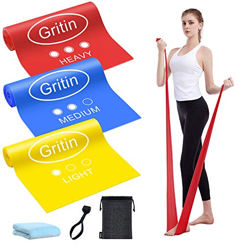 Gritin Bandas Elasticas Fitness, 3 Piezas Bandas de Resistencia con 3 Niveles, Cintas Elasticas Fitness con Anclaje Puerta, Toalla y Bolso para Yoga, Pilates