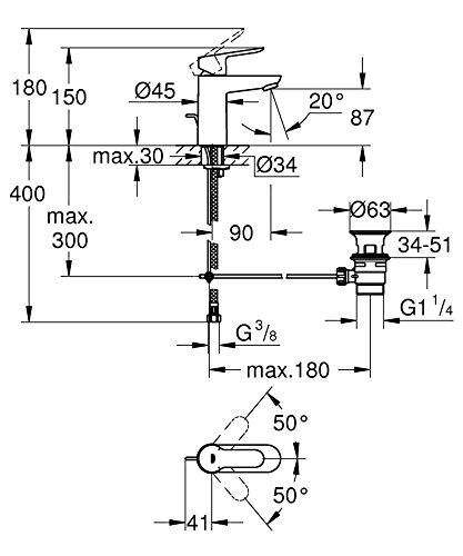 Grohe Bauedge - Grifo de lavabo con barra de tracción, vaciador automático y EcoJoy, tamaño S (Ref. 23802000)