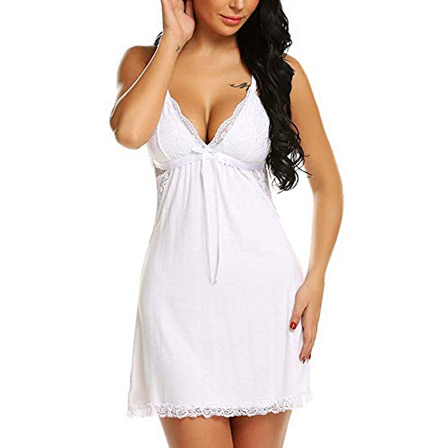 GROPC Camisón Mujer Sexy,Babydoll De Algodón Suave con Escote En V Profundo Vestido Tipo Cabestrillo con Ribete De Encaje Ropa De Dormir Sin Mangas Corto Camisón Delgado Camisón Homewear,Blanco,S