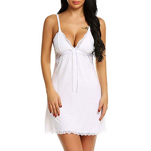 GROPC Camisón Mujer Sexy,Babydoll De Algodón Suave con Escote En V Profundo Vestido Tipo Cabestrillo con Ribete De Encaje Ropa De Dormir Sin Mangas Corto Camisón Delgado Camisón Homewear,Blanco,S