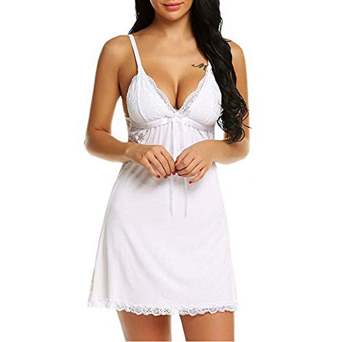 GROPC Camisón Mujer Sexy,Babydoll De Algodón Suave con Escote En V Profundo Vestido Tipo Cabestrillo con Ribete De Encaje Ropa De Dormir Sin Mangas Corto Camisón Delgado Camisón Homewear,Blanco,S