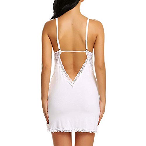 GROPC Camisón Mujer Sexy,Babydoll De Algodón Suave con Escote En V Profundo Vestido Tipo Cabestrillo con Ribete De Encaje Ropa De Dormir Sin Mangas Corto Camisón Delgado Camisón Homewear,Blanco,S