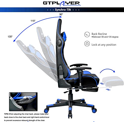 GTPLAYER Silla Gaming con Altavoz Bluetooth Reposapies Escritorio Oficina Gamer Ergonomica con Cojín Reposabrazos 3D Ajustables Respaldo Reclinable Multifuncional Azúl GTRACING Series