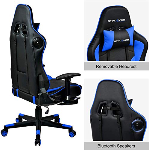 GTPLAYER Silla Gaming con Altavoz Bluetooth Reposapies Escritorio Oficina Gamer Ergonomica con Cojín Reposabrazos 3D Ajustables Respaldo Reclinable Multifuncional Azúl GTRACING Series