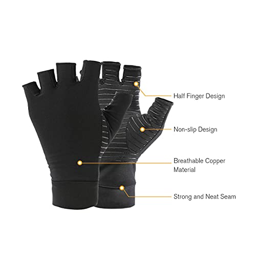 Guantes de compresión de cobre para hombres y mujeres, guantes de artritis sin dedos para aliviar el dolor de los síntomas de las articulaciones, enfermedad de Raynauds, túnel carpiano