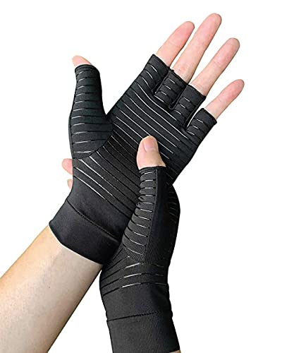 Guantes de compresión de cobre para hombres y mujeres, guantes de artritis sin dedos para aliviar el dolor de los síntomas de las articulaciones, enfermedad de Raynauds, túnel carpiano