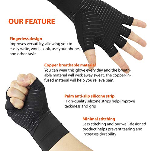 Guantes de compresión de cobre para hombres y mujeres, guantes de artritis sin dedos para aliviar el dolor de los síntomas de las articulaciones, enfermedad de Raynauds, túnel carpiano