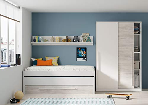 Habitdesign Cama Nido Juvenil, Dos Camas + Cajon + Estante, Cama Infantil, Modelo Elliot, Acabado en Color Blanco Artik y Blanco Velho, Medidas: 199 cm (Ancho) x 96 cm (Fondo) x 65 cm (Alto)