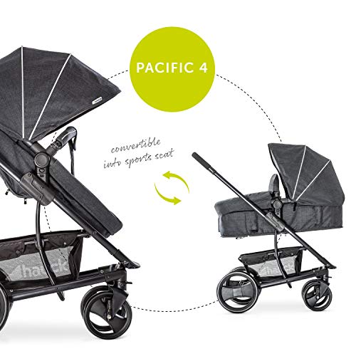 Hauck Pacific 4 Shop N Drive - Carro de Bebe de 6 Piezas, hasta 25 kg, Grupo 0+, Capazo Transformable, Silla Reversible, Colchón, Cubrecapazo, Cubrepies, Saquito, Ligero, Carbón Melange