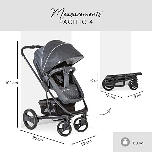 Hauck Pacific 4 Shop N Drive - Carro de Bebe de 6 Piezas, hasta 25 kg, Grupo 0+, Capazo Transformable, Silla Reversible, Colchón, Cubrecapazo, Cubrepies, Saquito, Ligero, Carbón Melange