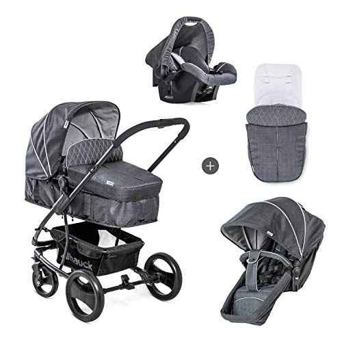 Hauck Pacific 4 Shop N Drive - Carro de Bebe de 6 Piezas, hasta 25 kg, Grupo 0+, Capazo Transformable, Silla Reversible, Colchón, Cubrecapazo, Cubrepies, Saquito, Ligero, Carbón Melange