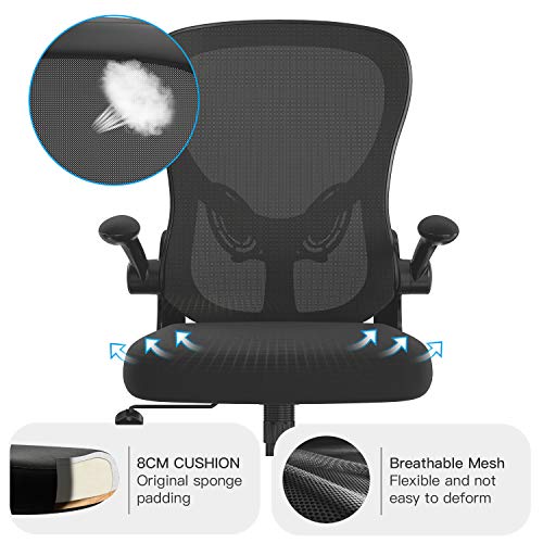 Hbada Silla de Oficina Silla de Escritorio ergonómica Silla giratoria con reposabrazos Plegables Soporte Lumbar Ajustable Silla de computadora de Malla Silla de Trabajo Silla Ligera Negro