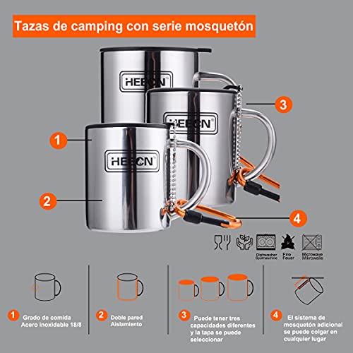 HEECN Taza Camping con Tapa asa mosquetón Acero Inoxidable 220ml, 300ml, 450ml HESS-038BBK 300ml