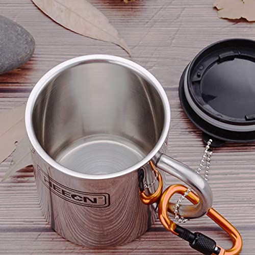 HEECN Taza Camping con Tapa asa mosquetón Acero Inoxidable 220ml, 300ml, 450ml HESS-038BBK 300ml