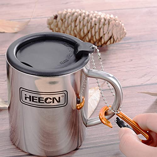 HEECN Taza Camping con Tapa asa mosquetón Acero Inoxidable 220ml, 300ml, 450ml HESS-038BBK 300ml