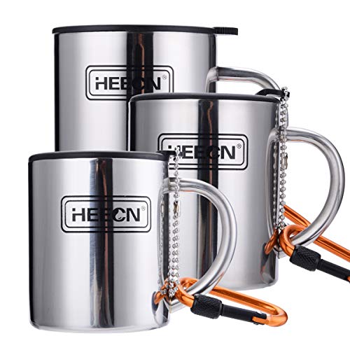 HEECN Taza Camping con Tapa asa mosquetón Acero Inoxidable 220ml, 300ml, 450ml HESS-038BBK 300ml