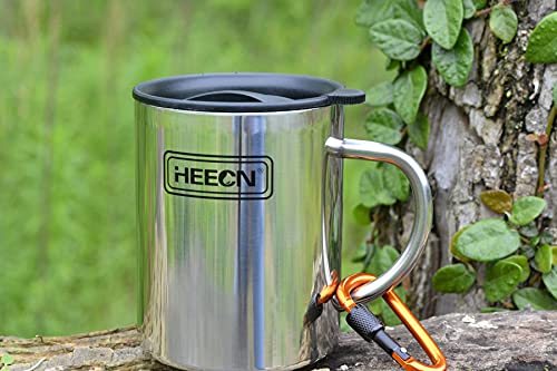 HEECN Taza Camping con Tapa asa mosquetón Acero Inoxidable 220ml, 300ml, 450ml HESS-038BBK 300ml