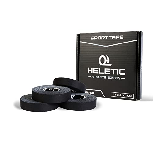 HELETIC 4x esparadrapo deportivo para dedos 1,5 cm x 10 m - cinta adhesiva deportiva rígida con adherencia extra fuerte, fácil de arrancar y repelente al agua (negro)