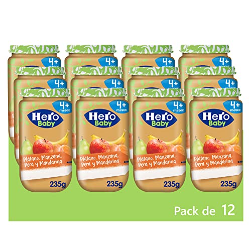 Hero Baby Tarrito de Plátano, Manzana, Pera y Mandarina - Para Bebés a Partir de los 4 Meses - Pack de 12 x 235 g