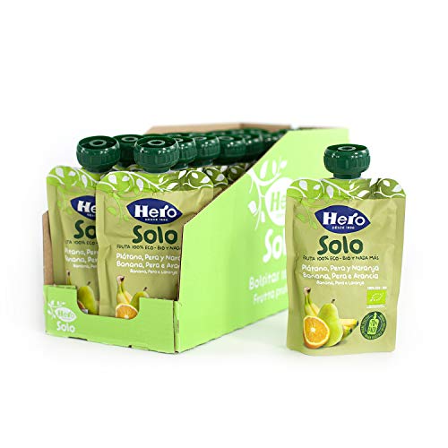 Hero Solo Bolsitas Ecológicas de Plátano, Pera y Naranja - Para Bebés a Partir de los 4 Meses - Pack de 18 x 100 g